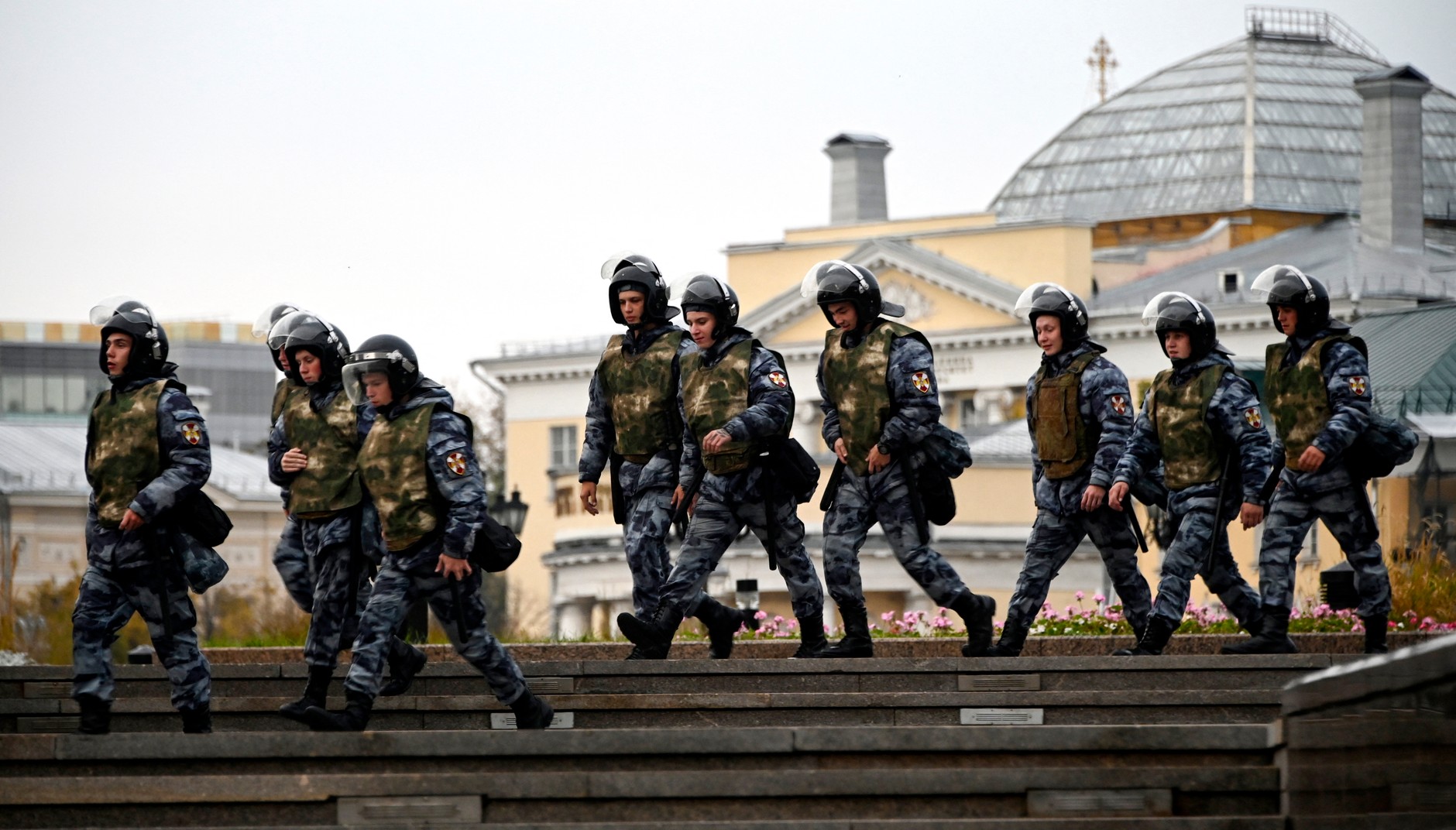 Soldiers of the Russian National Guard (Rosgvardiya) heading to a rally and concert to mark the annexation of four Ukrainian oblasts of Ukraine occupied by Russian troops, Moscow, Russia, September 30, 2022. 