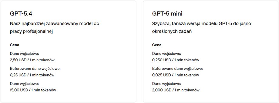 Sample token price list. It is worth paying attention to how much the price varies depending on the selected model.