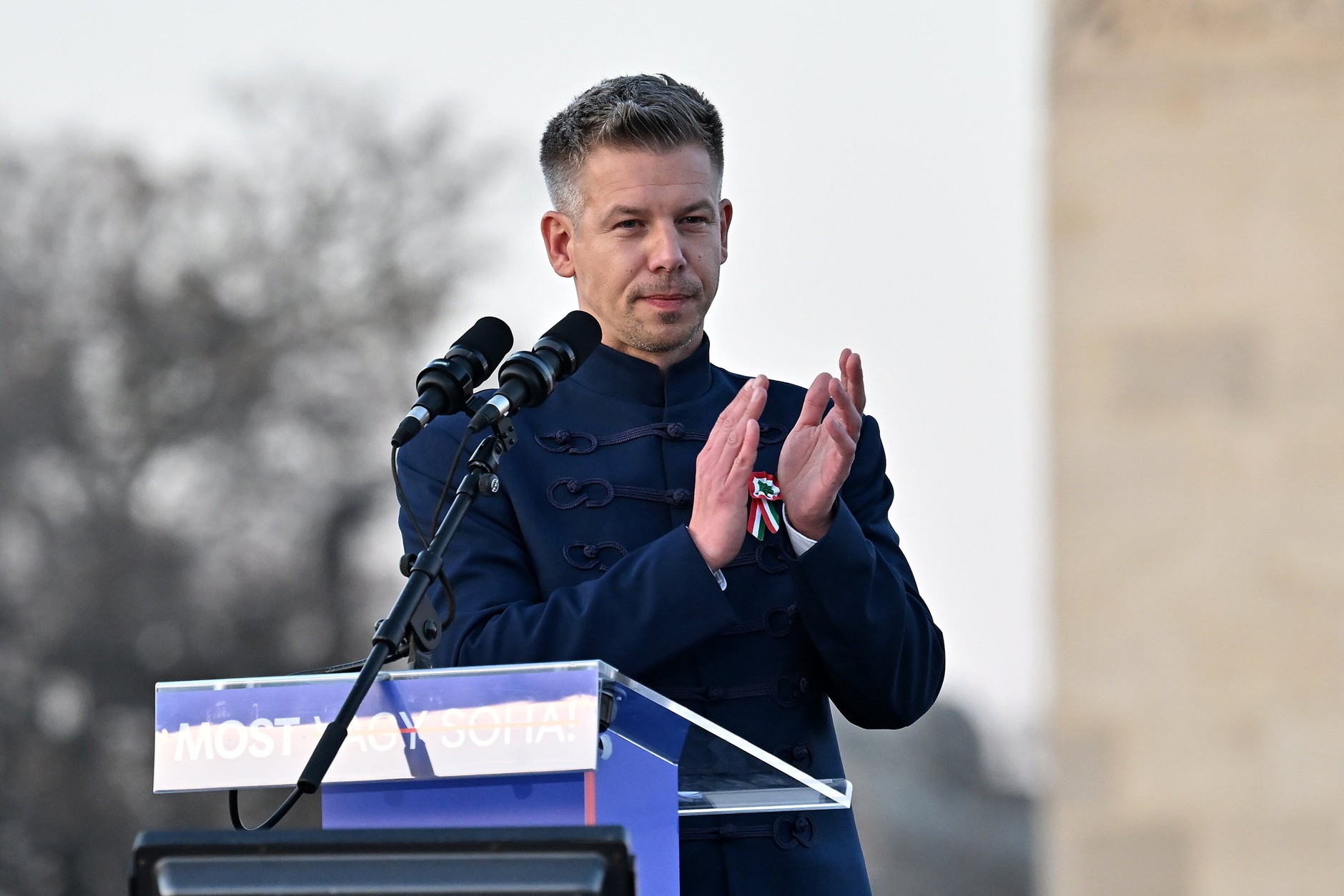 Hungarian national holiday. Peter Magyar, leader of the opposition Tisza party. Budapest, March 15, 2026