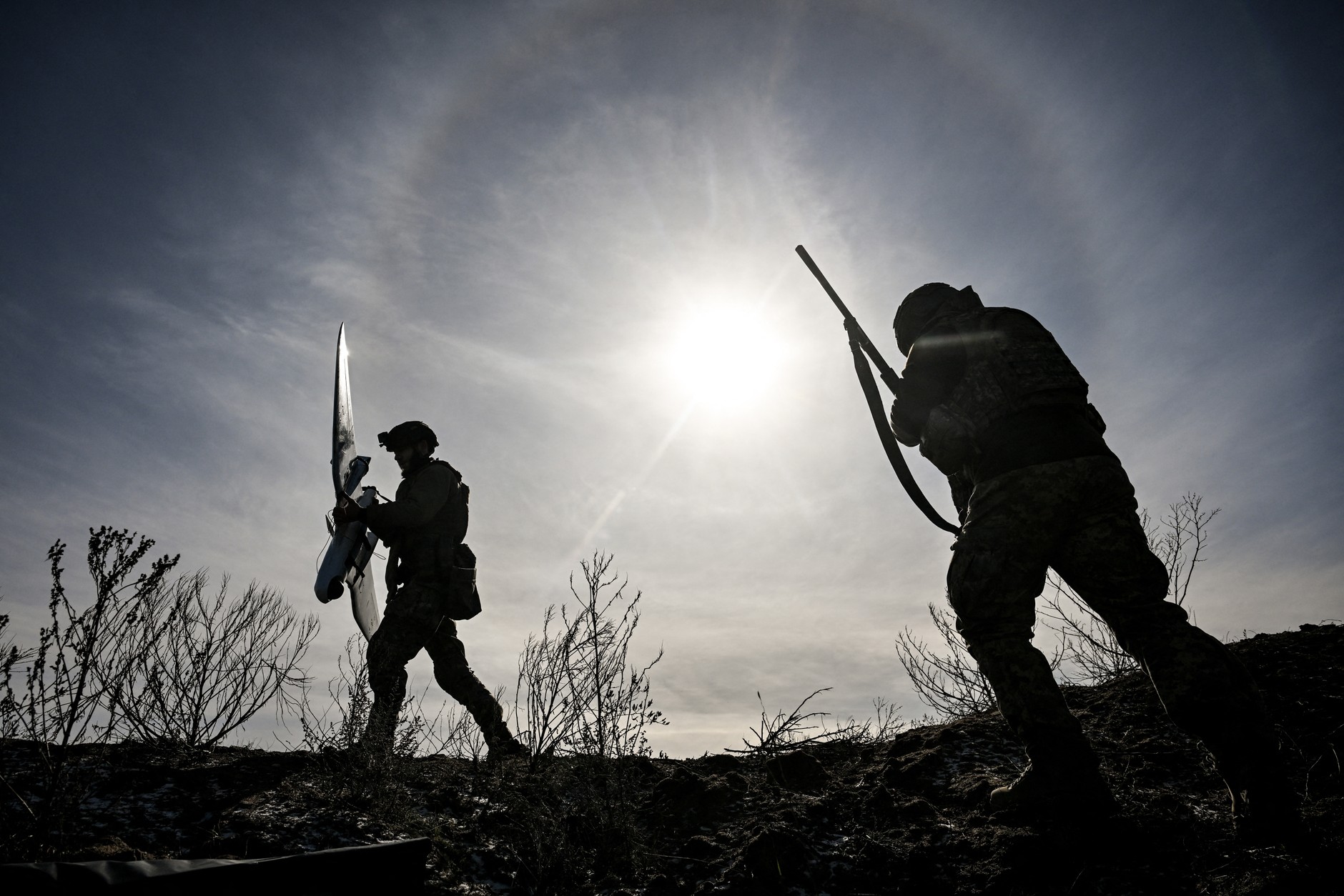 Soldiers prepare to launch an A1-CM unmanned aerial vehicle (UAS) "Fury"used to reconnaissance and correct artillery fire in the Zaporozhye region in Ukraine, February 22, 2026.