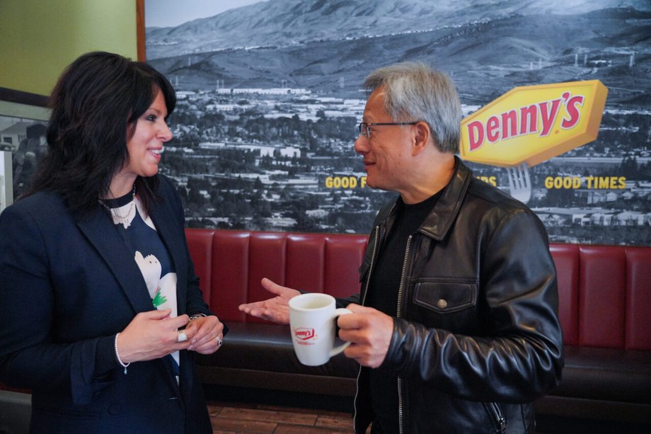 Jensen Huang during a visit to the Denny's restaurant in Portland, where he started his professional life cleaning toilets and dishwashing.