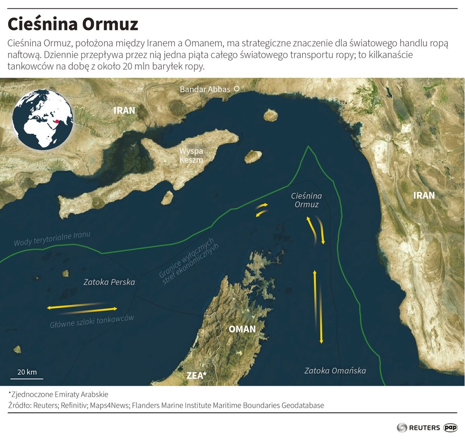 The Strait of Hormuz separates Iran and Oman, creating "entry" and "trip" from the Persian Gulf