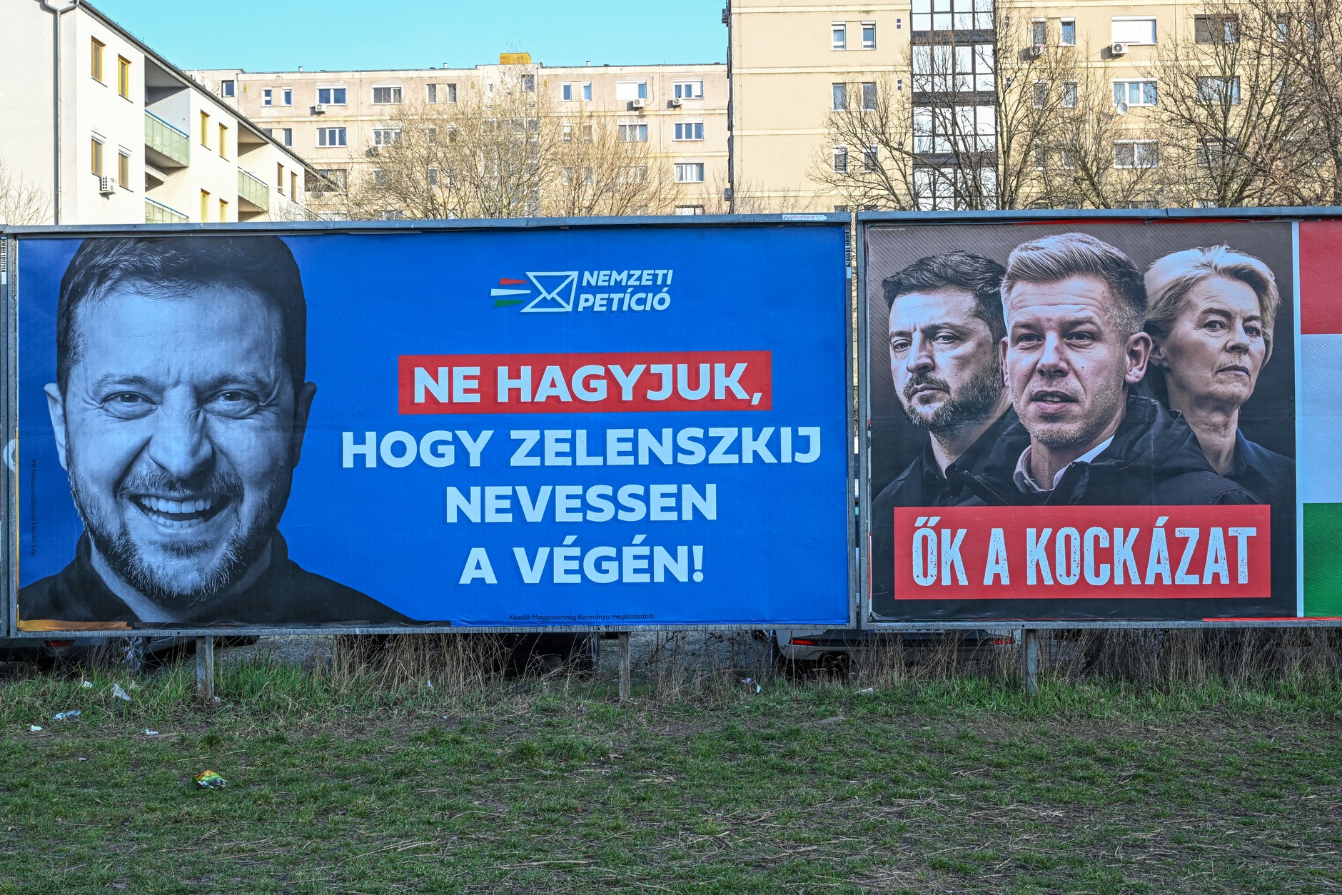 Pro-government billboards appeared in Budapest showing a portrait of Ukrainian President Volodymyr Zelensky (left) with the words: "Let's not let Zelensky have the last word