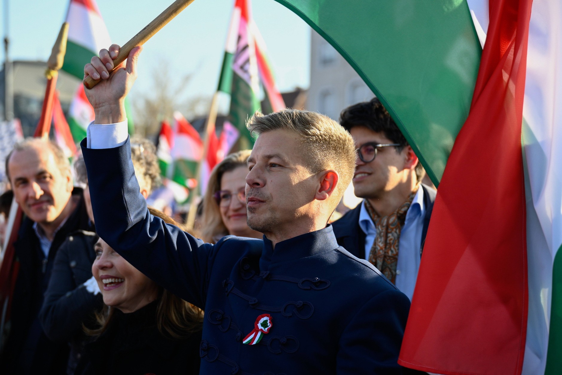 The chairman of the opposition Tisza Party, Peter Magyar, at the National March during the celebration of the national day commemorating the 178th anniversary of the outbreak of the Revolution and the War of Independence, Budapest, Hungary, March 15, 2026.