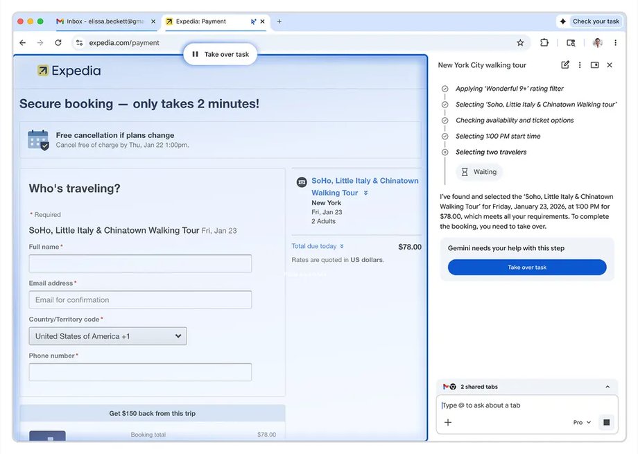 An AI agent in Google Chrome makes a reservation