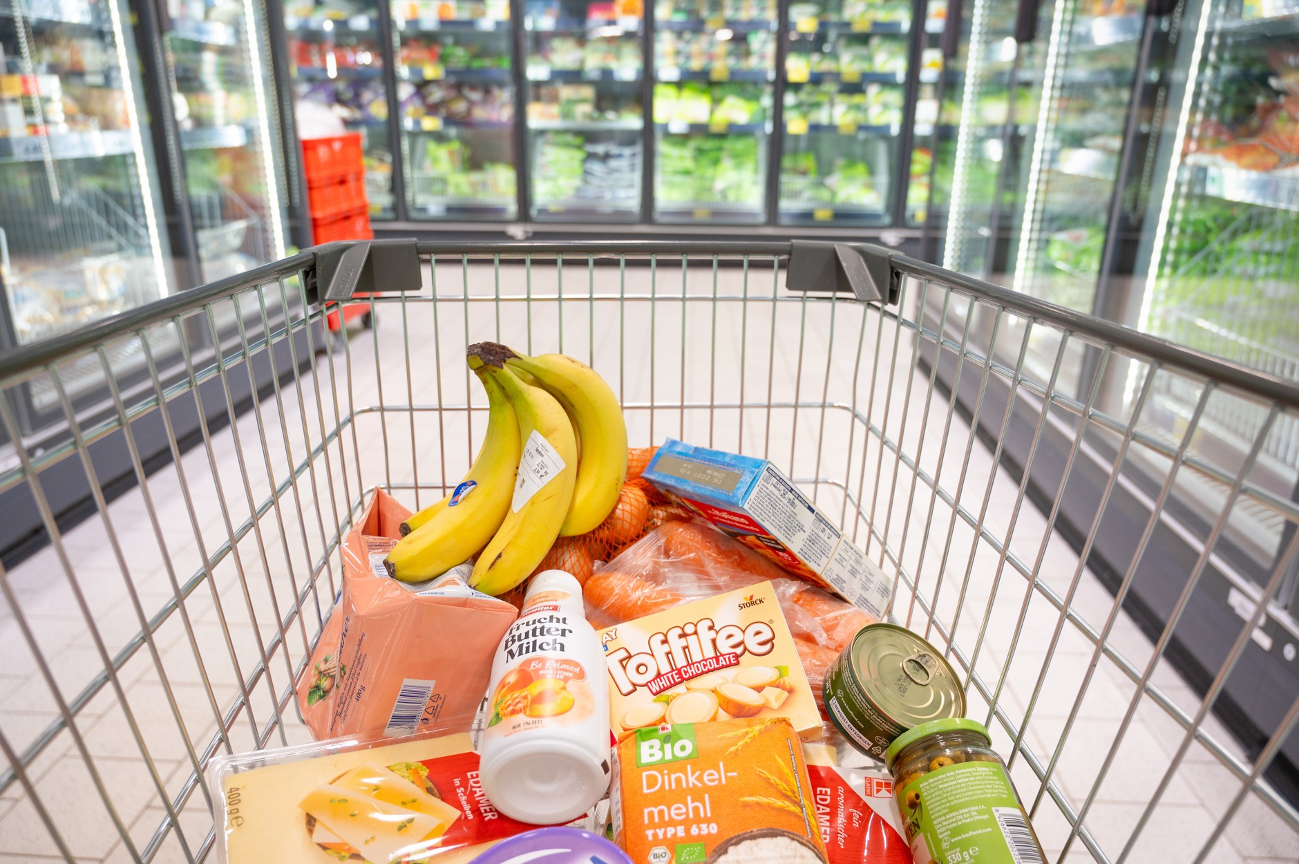 Shopping cart in a German supermarket. Illustrative photo