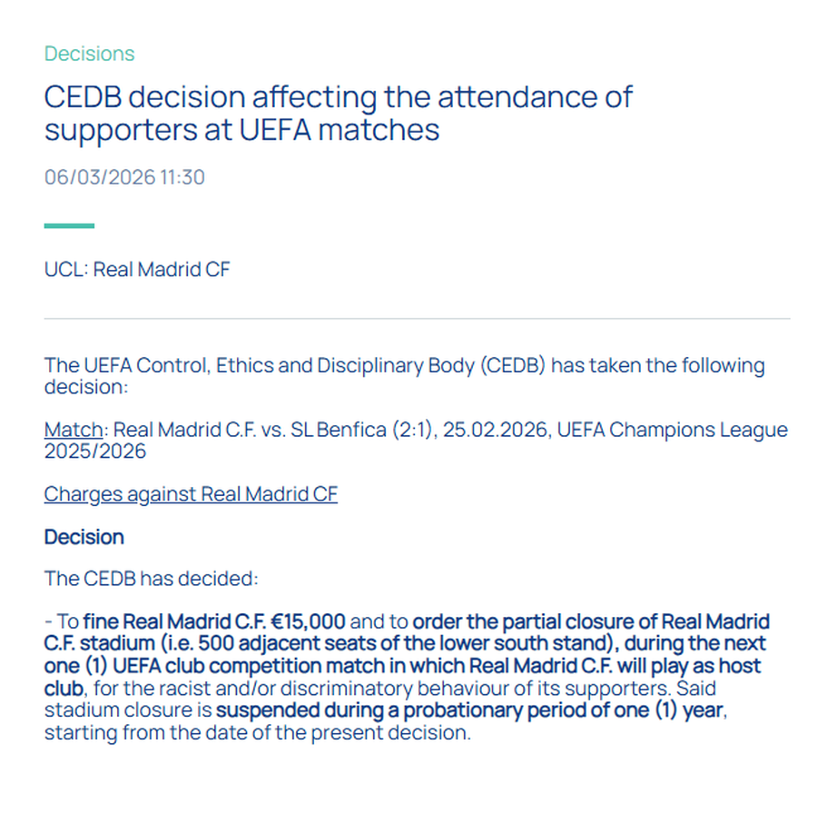 UEFA took the decision » Real Madrid, sanctioned for racism