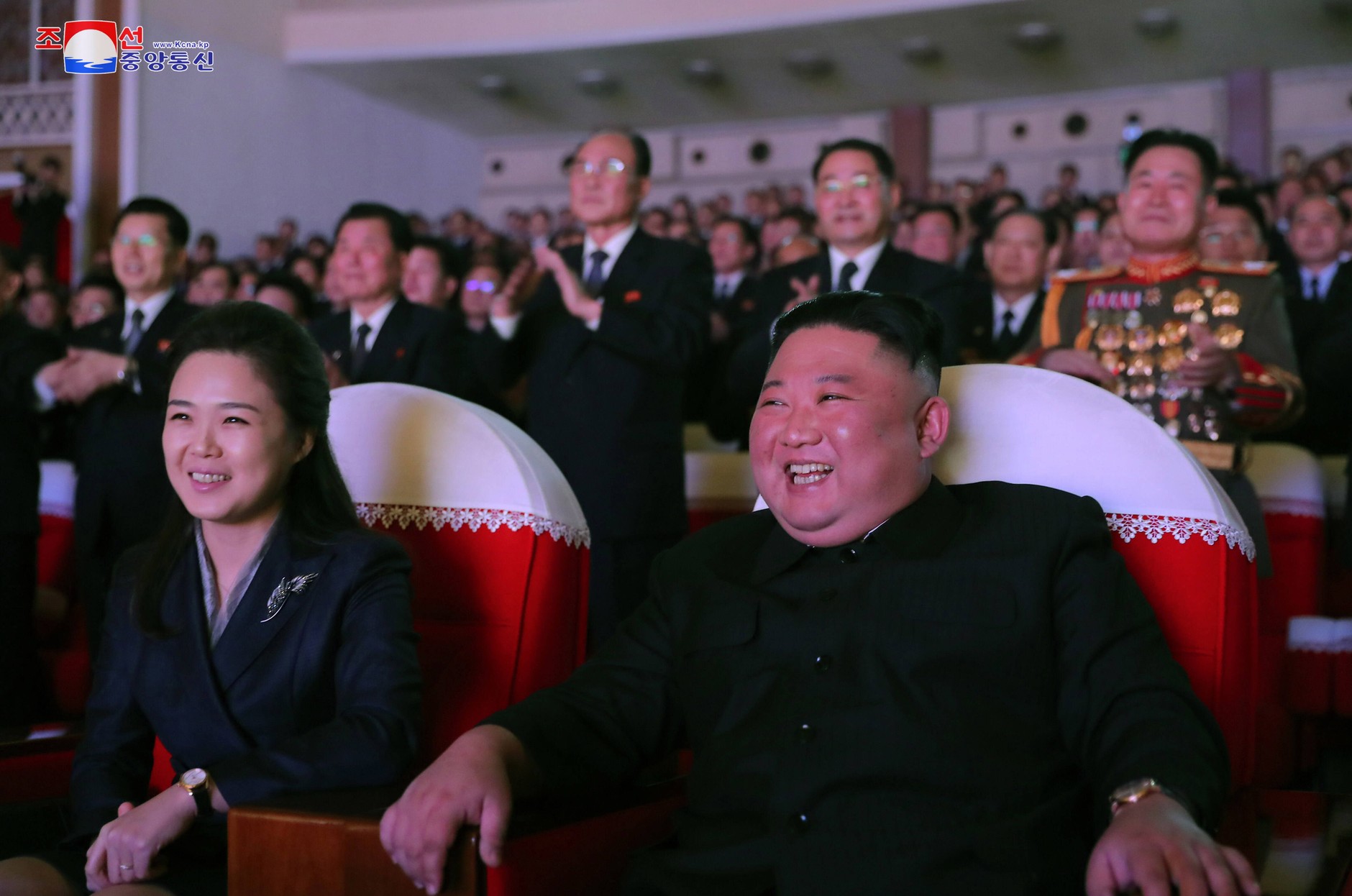 Ri Sol Ju and Kim Jong Un watch a performance to celebrate Kim Jong Il's birth anniversary. Pyongyang, February 16, 2021