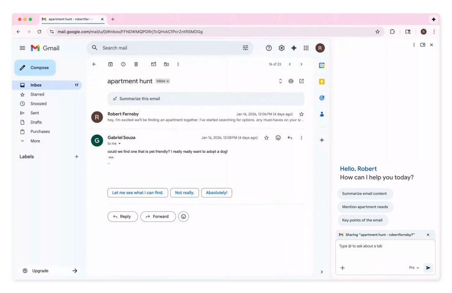 Gemini in Google Chrome while the AI ​​agent works with Gmail