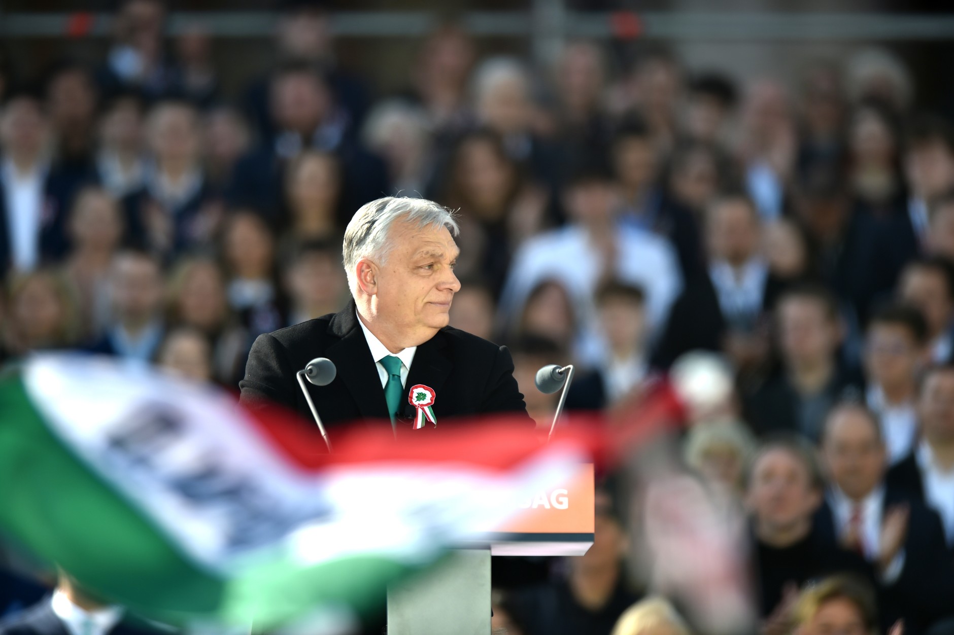 Viktor Orban speaks at a rally after the Peace March in Budapest, March 15, 2026.