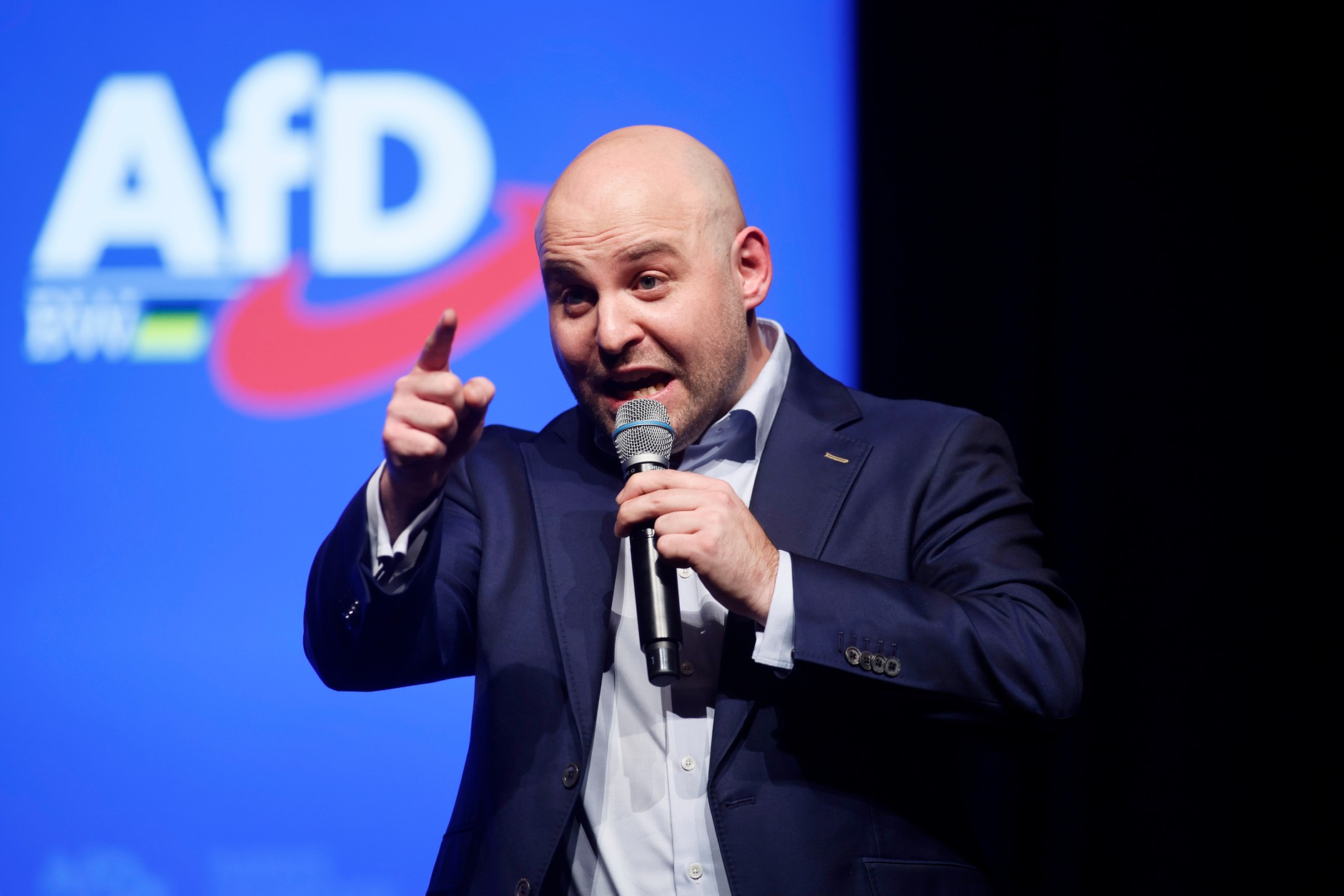 Markus Frohnmaier speaks to supporters during an AfD election rally in Aalen, February 20, 2026.