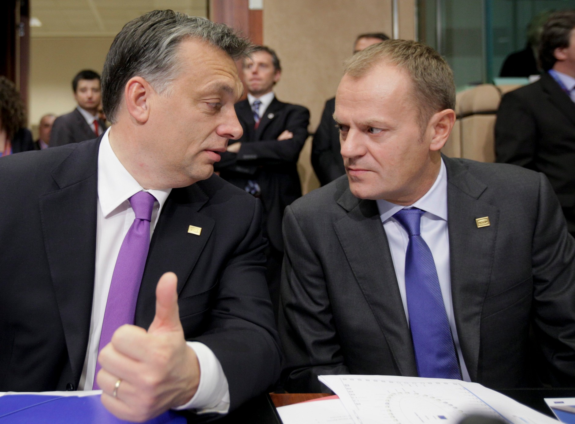 Viktor Orban and Donald Tusk at the summit at the European Council. Brussels, 28 October 2010