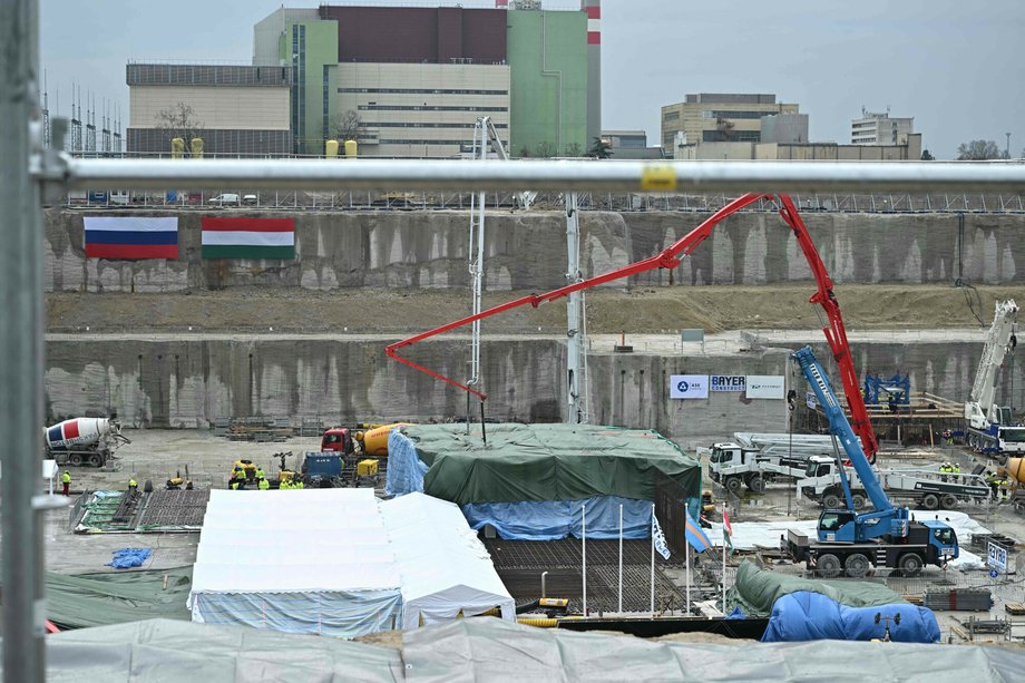 Expansion of the Paks 2 nuclear power plant in February 2026. Flags of Hungary and Russia in the background