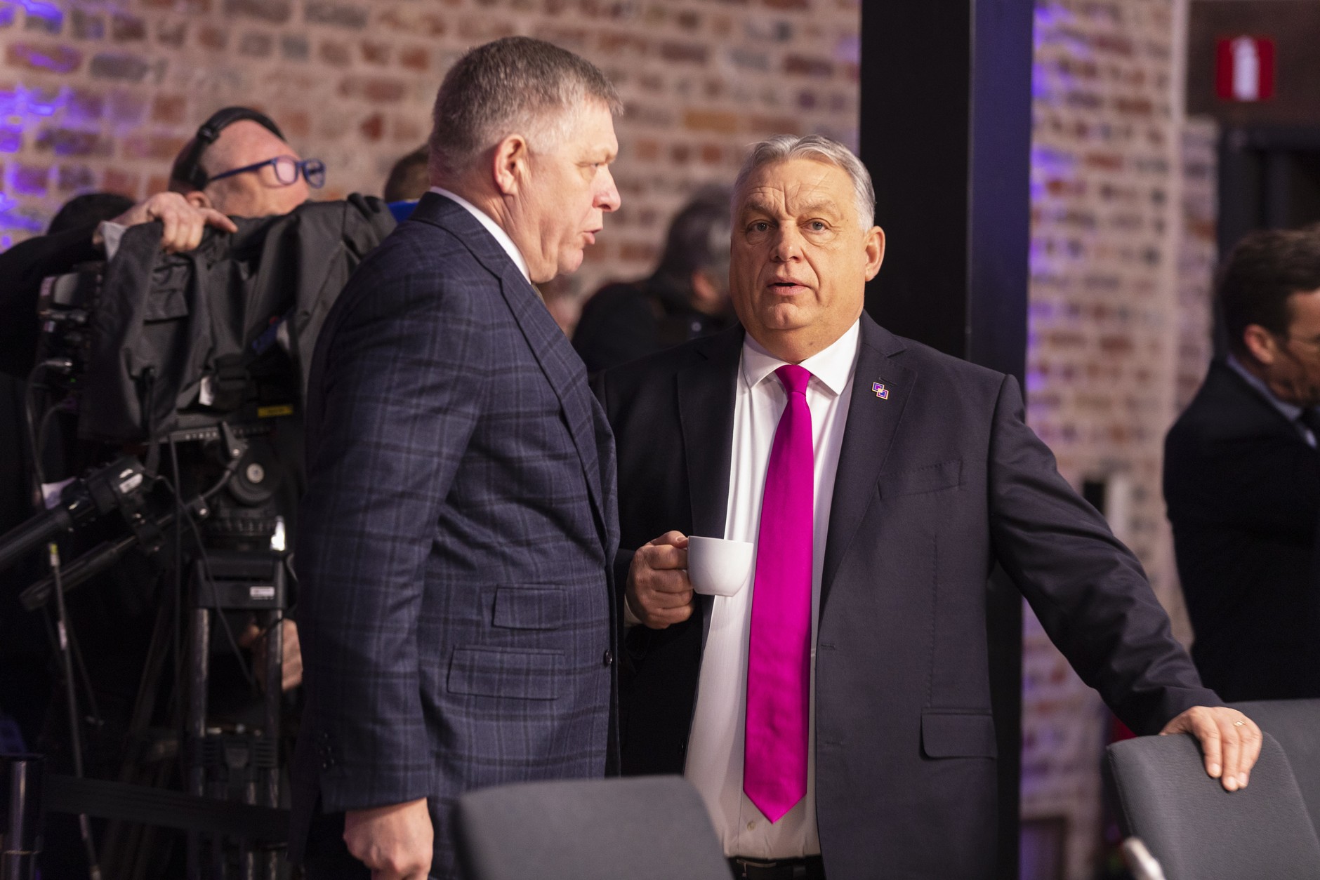 Robert Fico and Viktor Orban attend an informal meeting of EU leaders in Alden Biesen in Flanders, Belgium, February 12, 2026.