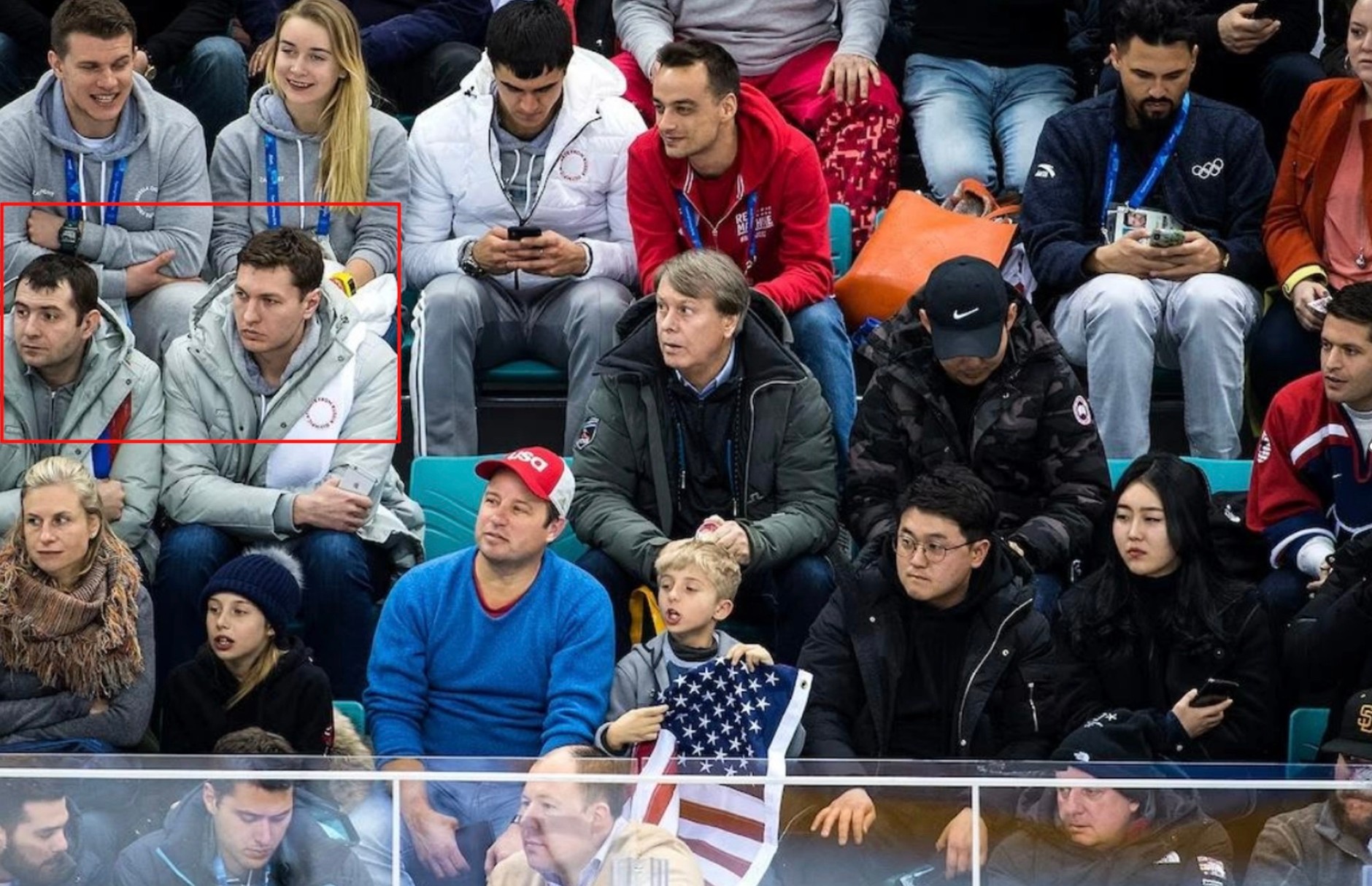 Dmitry Kovalev and Andrei Fedorov in 2018 observe the historic defeat of the US national hockey team against Russia (0:4) during the Olympic Games in South Korea