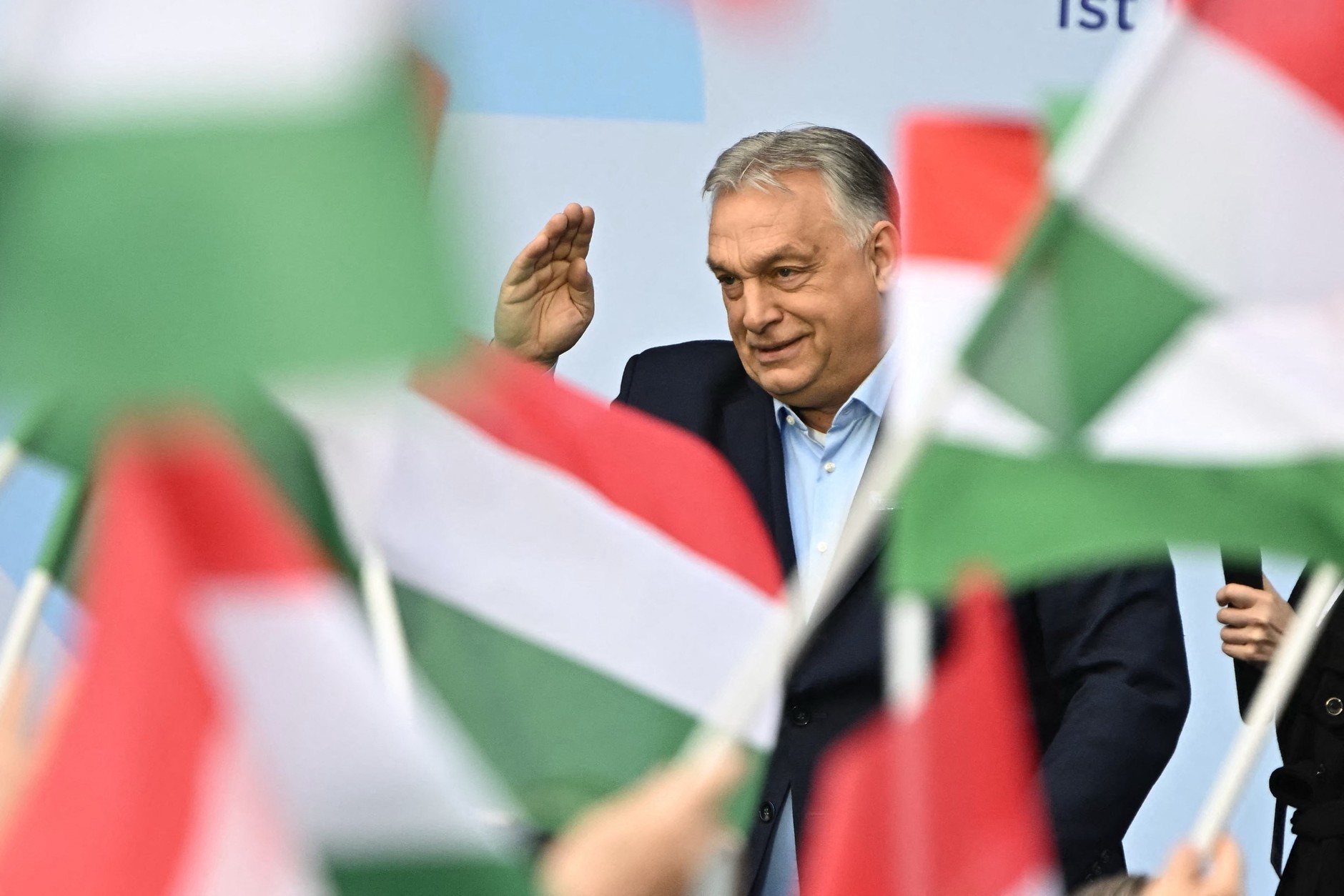 A poster with the image of Hungarian Prime Minister Viktor Orban on a street in Budapest, March 30, 2026.