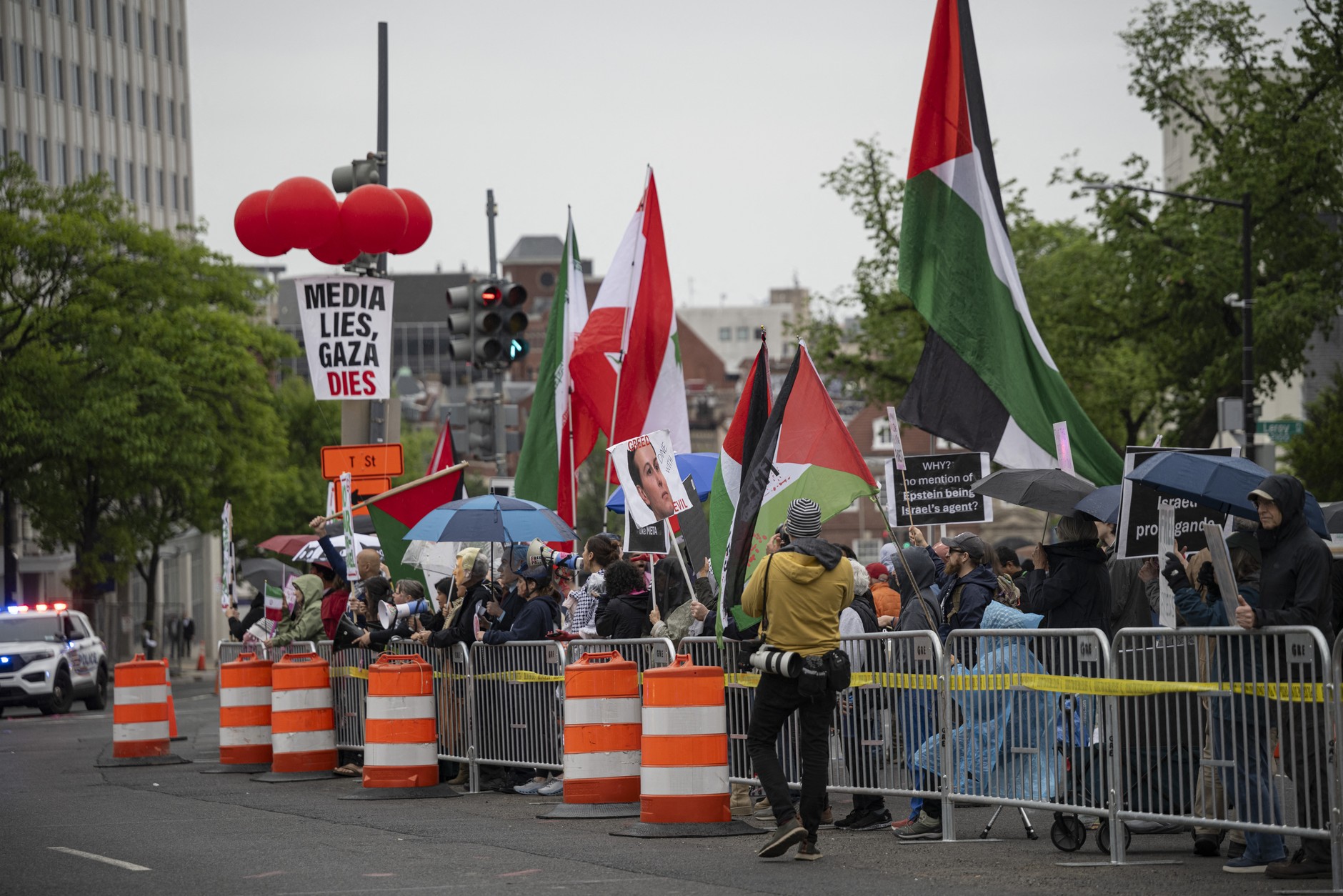 Demonstrators protesting against attacks in Gaza, Iran and Lebanon outside the Washington Hilton hotel in Washington, D.C., April 26, 2026.