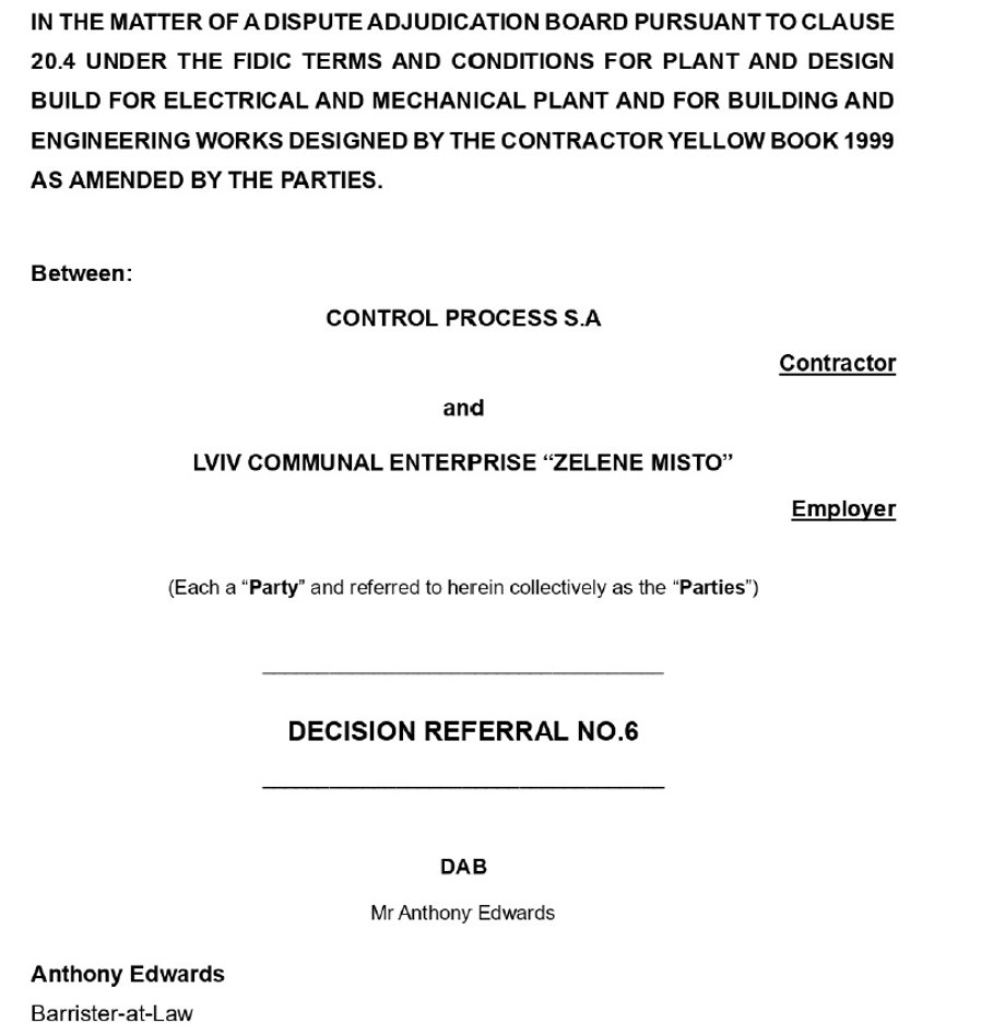 Page 1 of the arbitrator's decision in the case of Control Process vs. Lviv of April 5, 26
