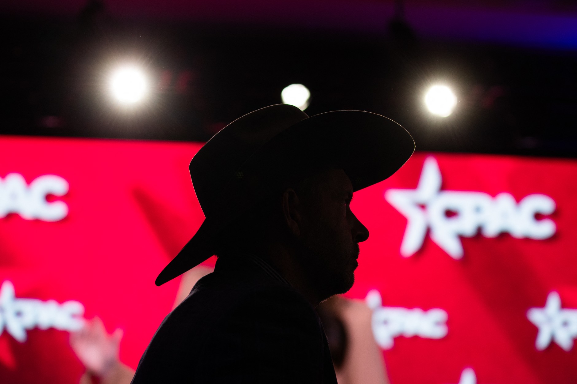 Silhouette of a man wearing a hat during the CPAC conference in Grapevine, Texas, March 28, 2026.