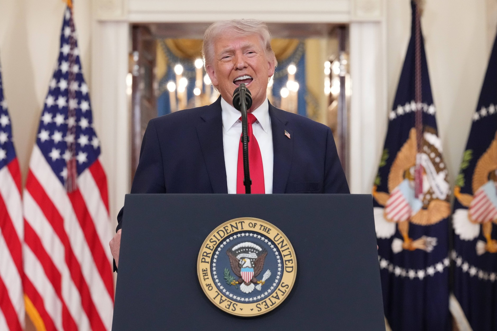 President Donald Trump delivering a speech on war with Iran, White House, Washington, USA, April 1, 2026.