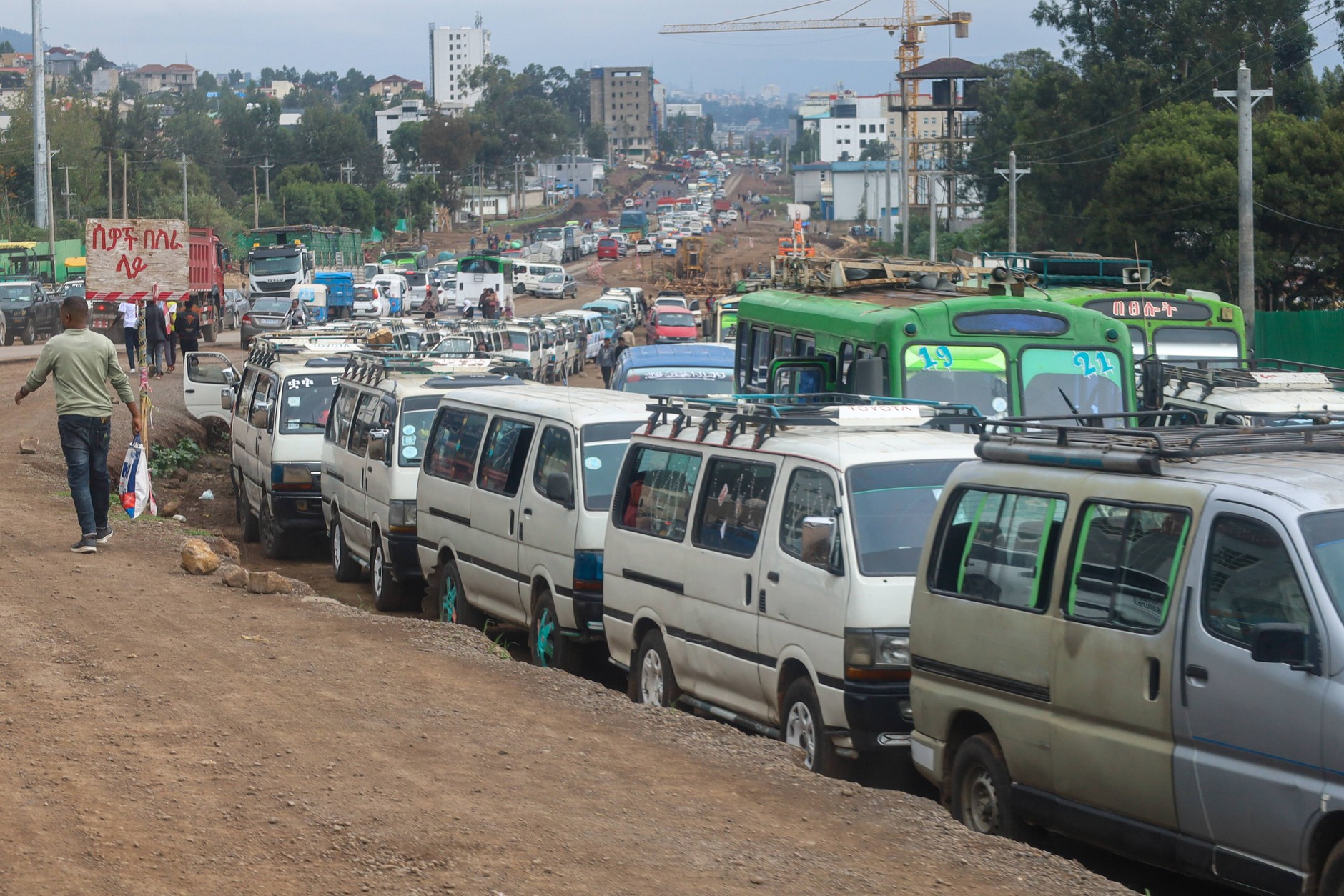Vehicles line up at a gas station in Addis Ababa (April 23)