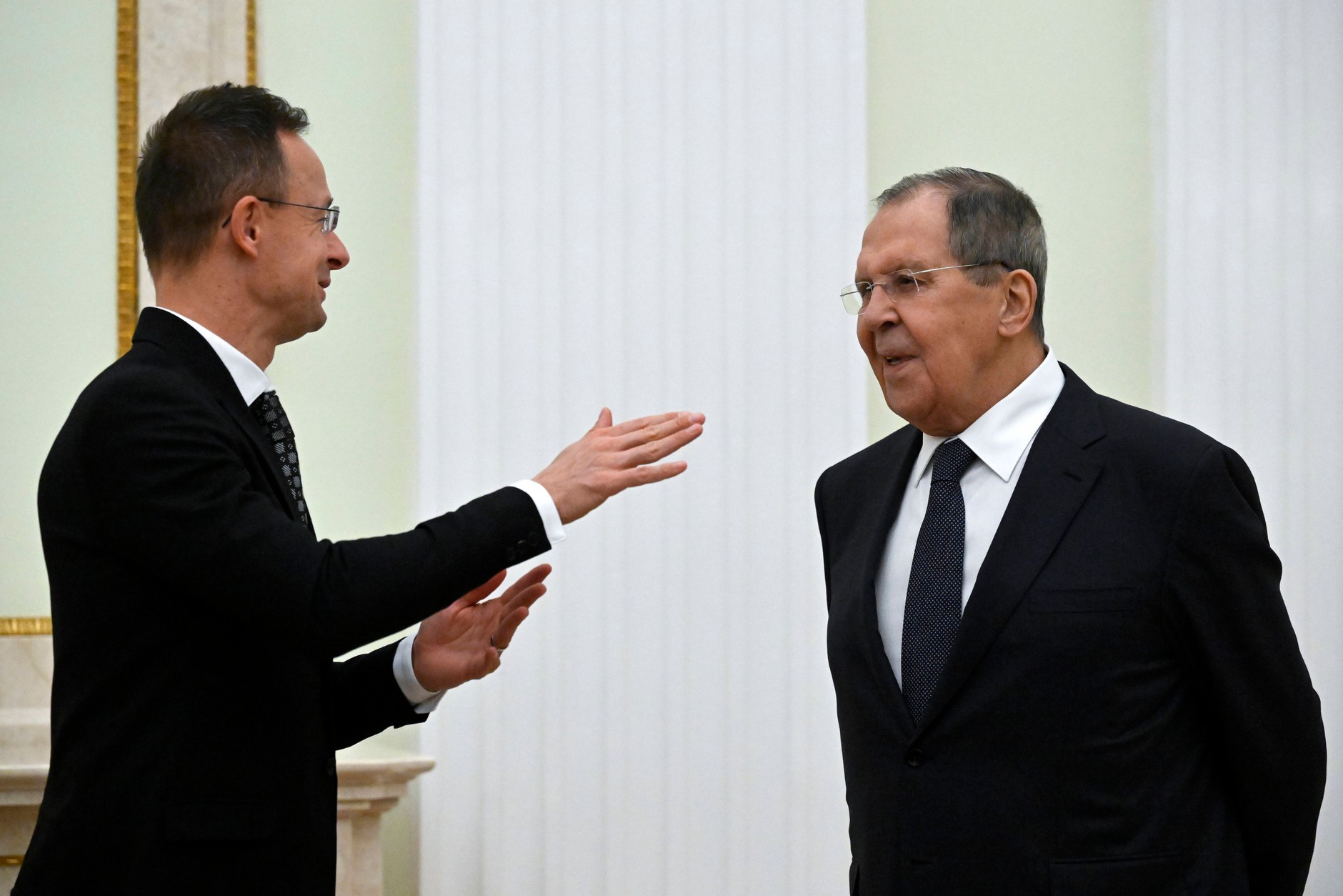 Hungarian Foreign Minister Peter Szijjarto and Russian Foreign Minister Sergey Lavrov before the meeting of the Russian president and the Hungarian prime minister at the Kremlin in Moscow, November 28, 2025.
