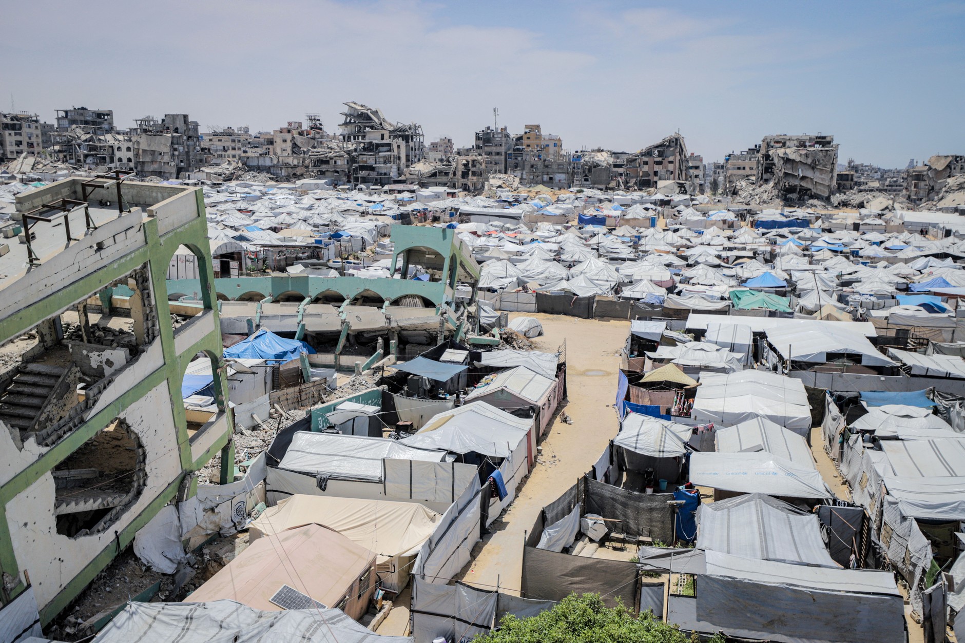 Tents in which displaced Palestinians found shelter in the western part of Gaza City