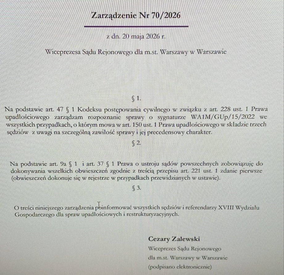 Order of judge Cezary Zalewski, vice-president of the District Court in Warsaw