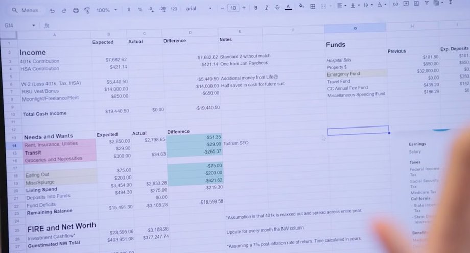 One of Zeng's detailed spreadsheets for tracking his finances