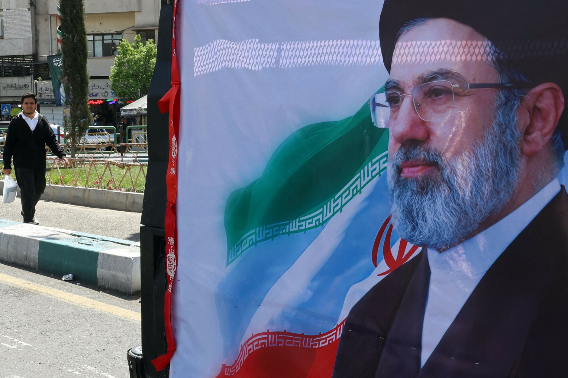 A banner with the image of Mojtaba Khamenei in Tehran