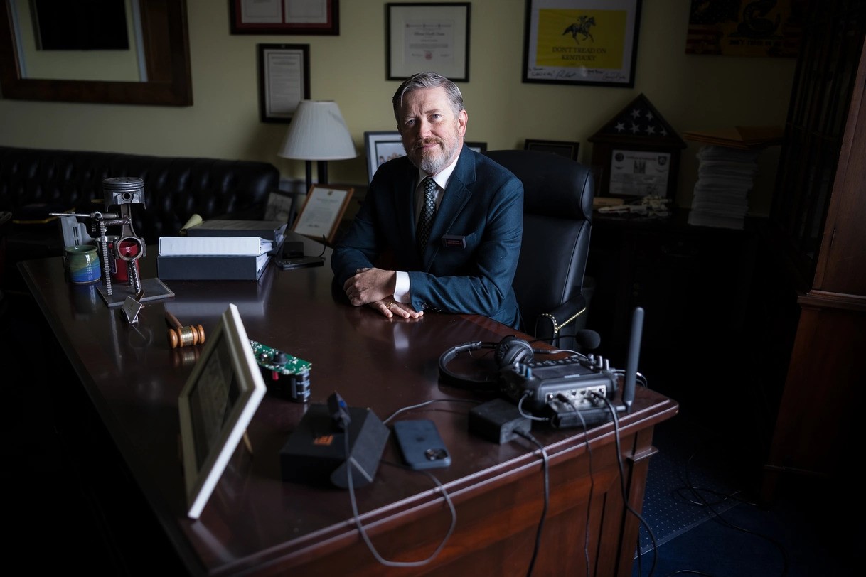 Congressman Thomas Massie poses for a portrait in his office on Capitol Hill, February 12, 2026.