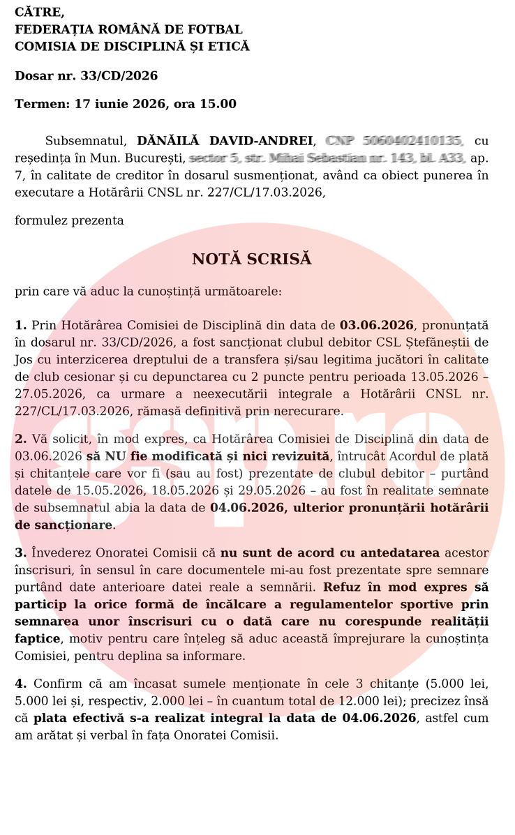 The document sent to FRF by David-Andrei Dănăilă on June 5