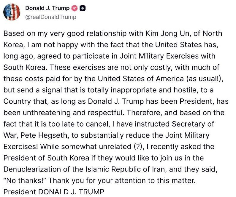 Trump Orders Pentagon to Reduce Military Exercises with South Korea — Trump has directed the Pentagon to significantly c
