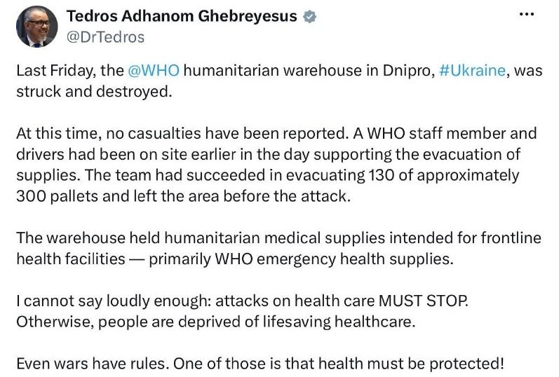 Russia Destroys WHO Humanitarian Warehouse in Dnipro — Russia has destroyed a WHO humanitarian warehouse in Dnipro, hous