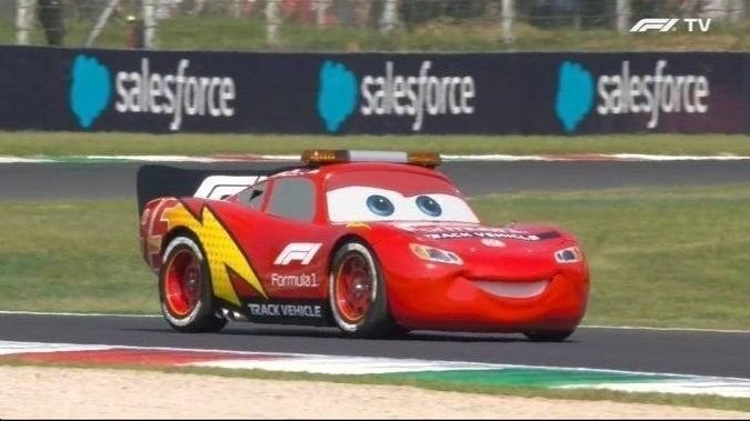 Lightning McQueen Drives Honorary Lap on F1 Track in Italy — Lightning McQueen from 'Cars' takes an honorary lap on an F