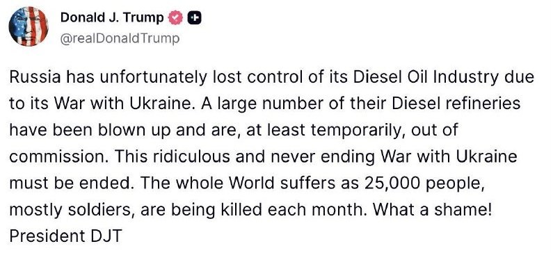 Trump Claims Russia Has Lost Control of Diesel Industry Due to Ukraine War — Trump states Russia's diesel industry is co