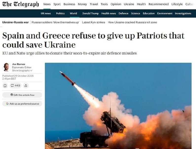 Spain and Greece Decline to Supply Ukraine with Expiring Patriot Missiles — Spain and Greece have refused to transfer so